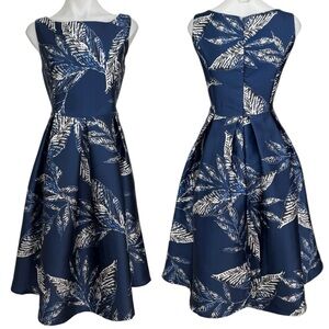 Elegant Navy Blue Leaf Print Dress